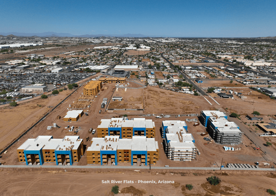 Aerial view of construction site, Salt River Flats.