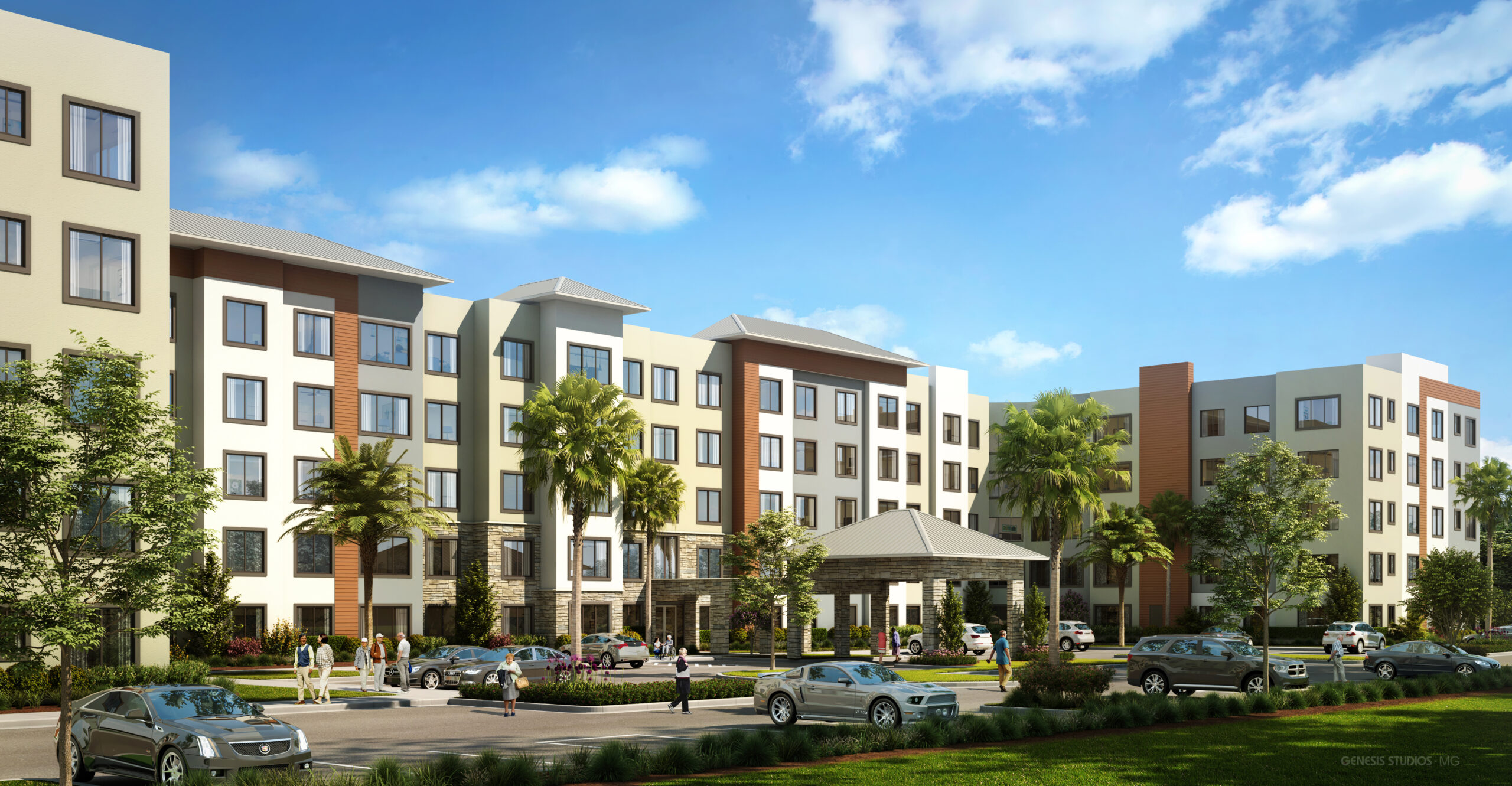 Modern five-story apartment complex with palm trees, parked cars, and people walking near the entrance under a sunny sky