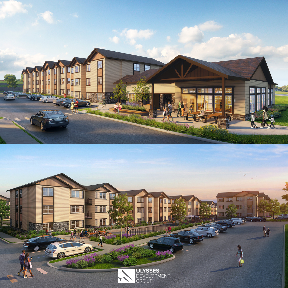 Two images of modern apartment buildings with parking lots and people walking. Ulysses Development Group logo at the bottom