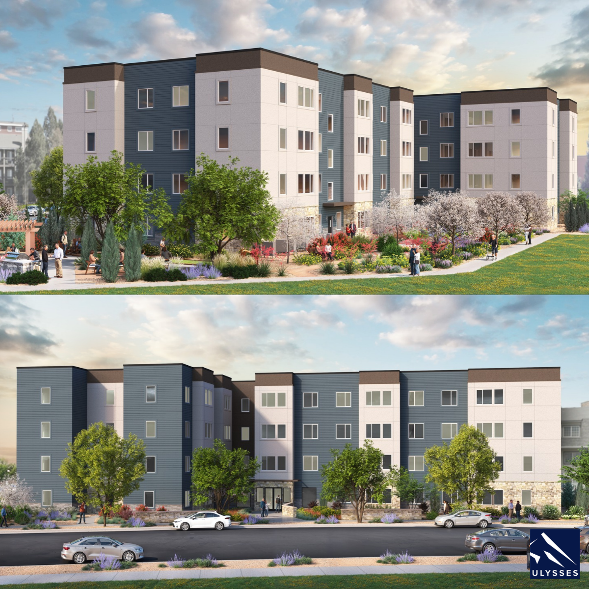 Two renderings of a modern, multi-story apartment building surrounded by landscaped greenery, with Ulysses logo in corner