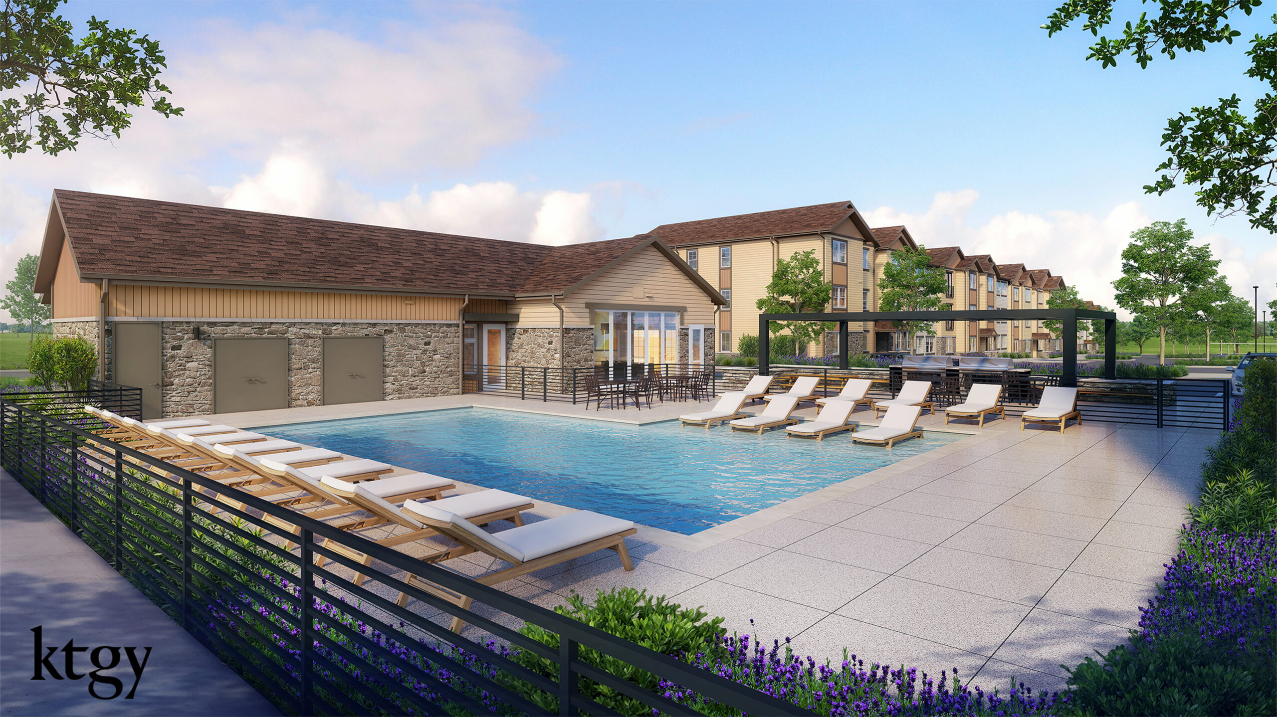 KTGY logo; modern apartment complex with pool, lounge chairs, and landscaping, showcasing affordable housing design