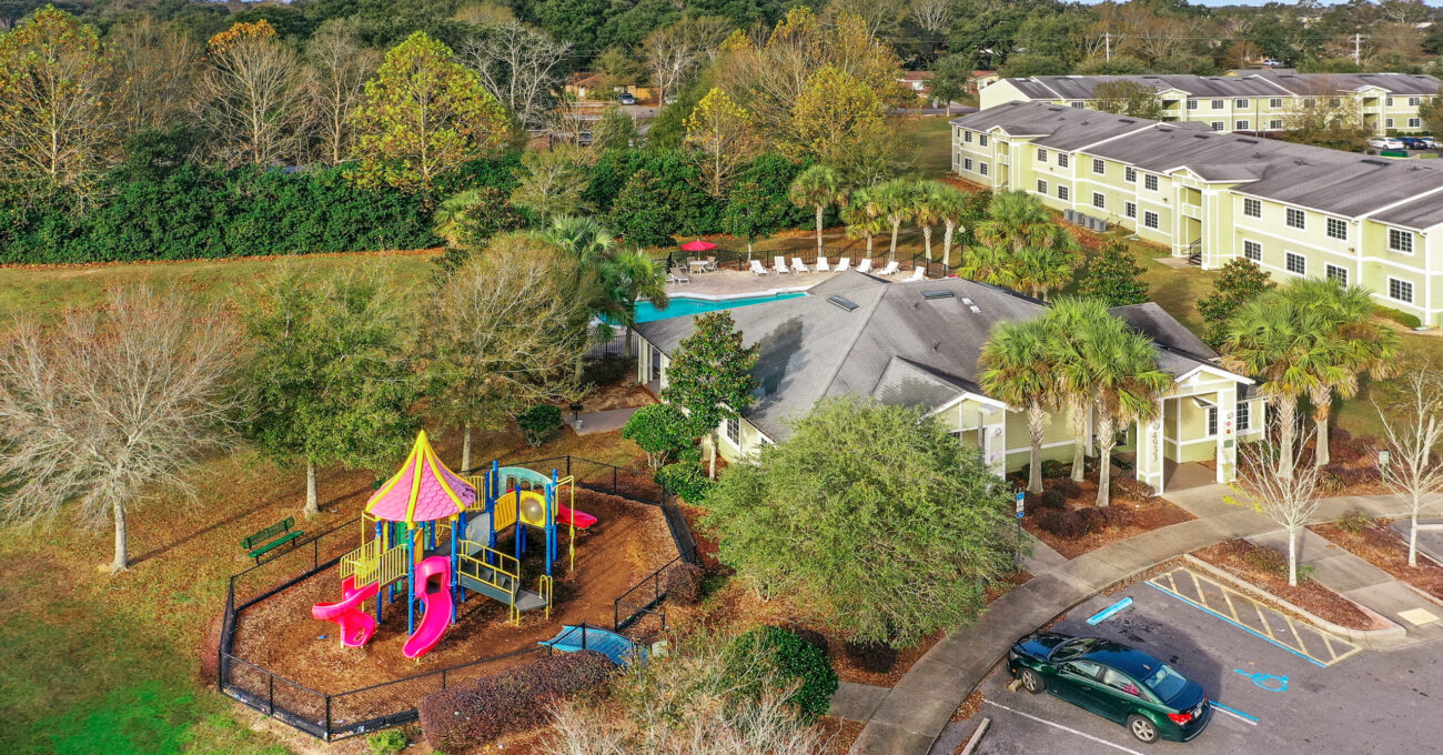 Aerial view of buildings and playground