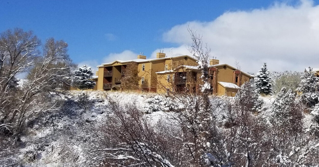 Snow-covered hillside with brown buildings and trees.