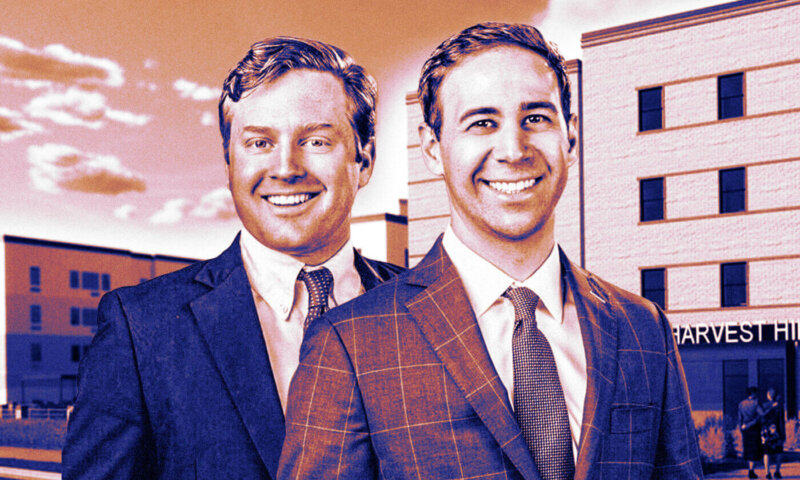Connor and Yoni in front of rendering of harvest hill apartments